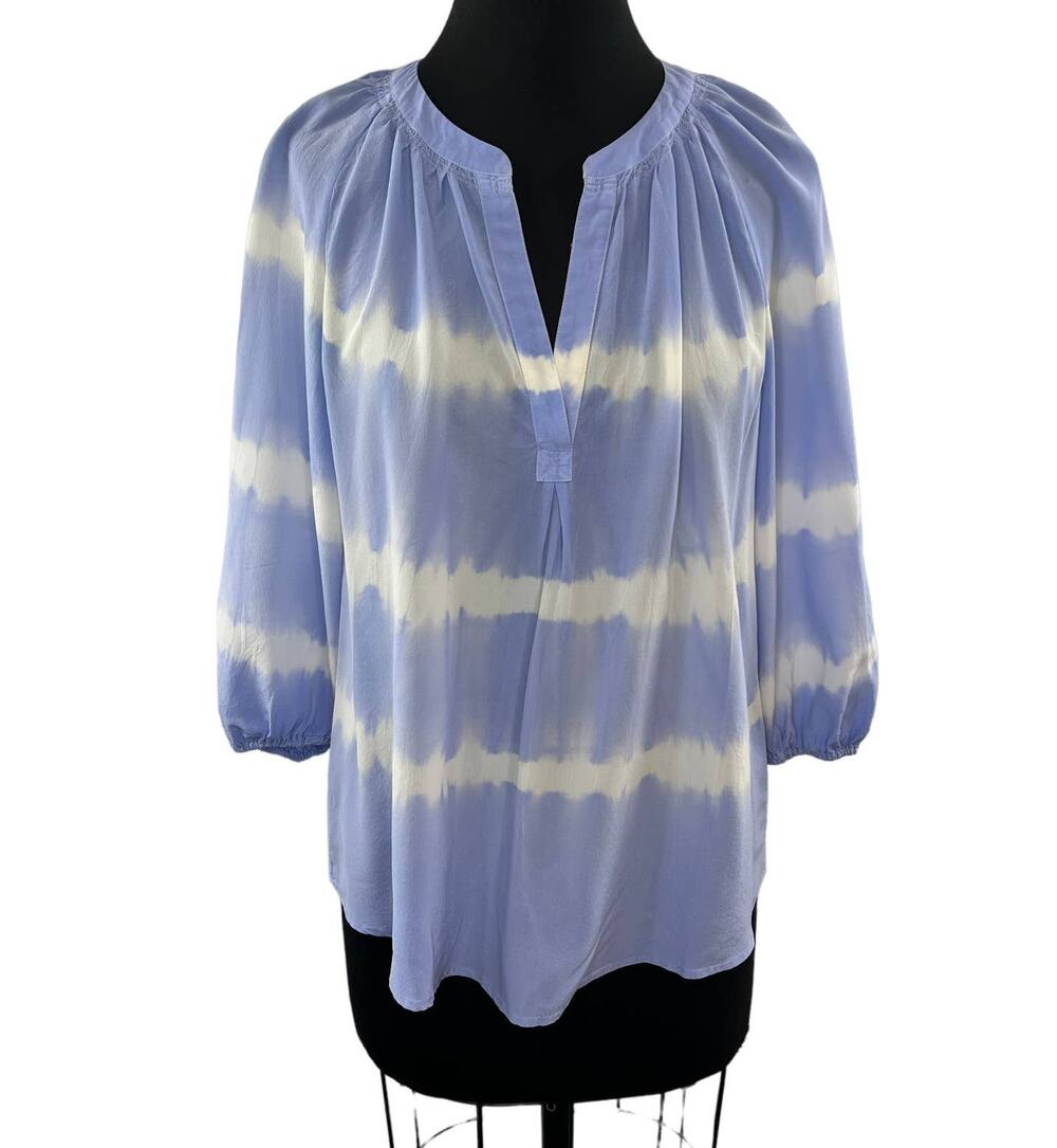 JOIE Blue White Tie-Dye Stripe Silk Popover 3/4 Sleeve Tunic Top Blouse V-Neck S